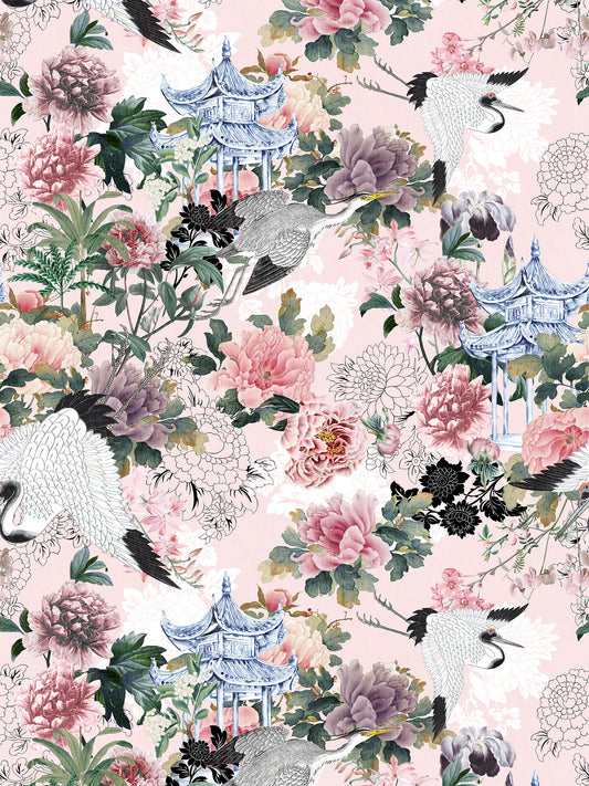 Pink Chinoiserie Wallpaper with Crane and flowers