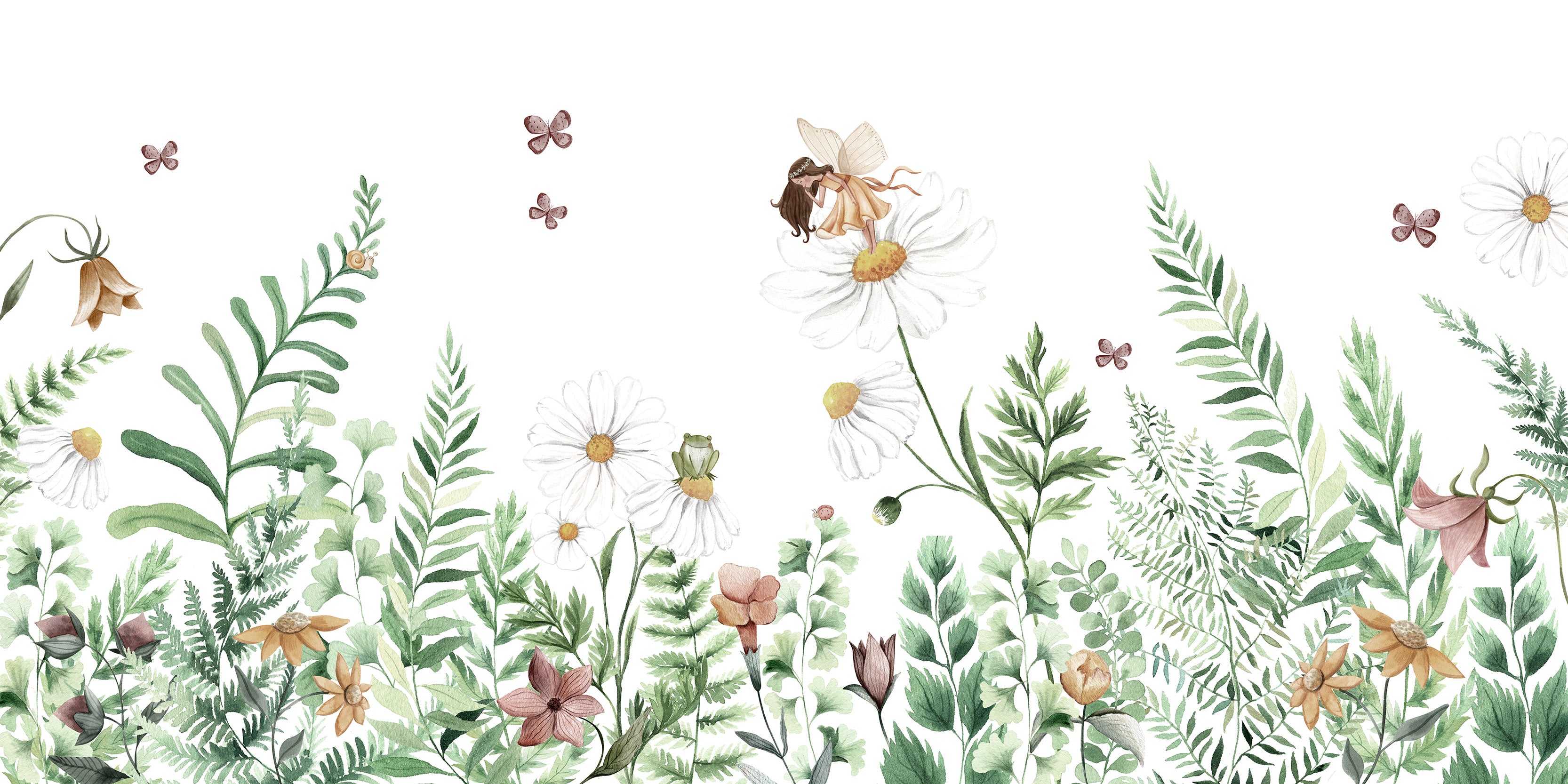 Fairy Garden - Magical Flowers and Fairies Watercolour Illustration Wallpaper Mural Full Artwork