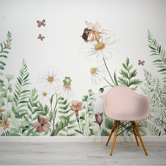 Fairy Garden - Magical Flowers and Fairies Watercolour Illustration Wallpaper Mural with Pink Chair