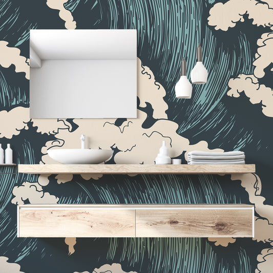 Felix Wave - Blue and Turquoise Nautical Wave illustration Wallpaper Mural