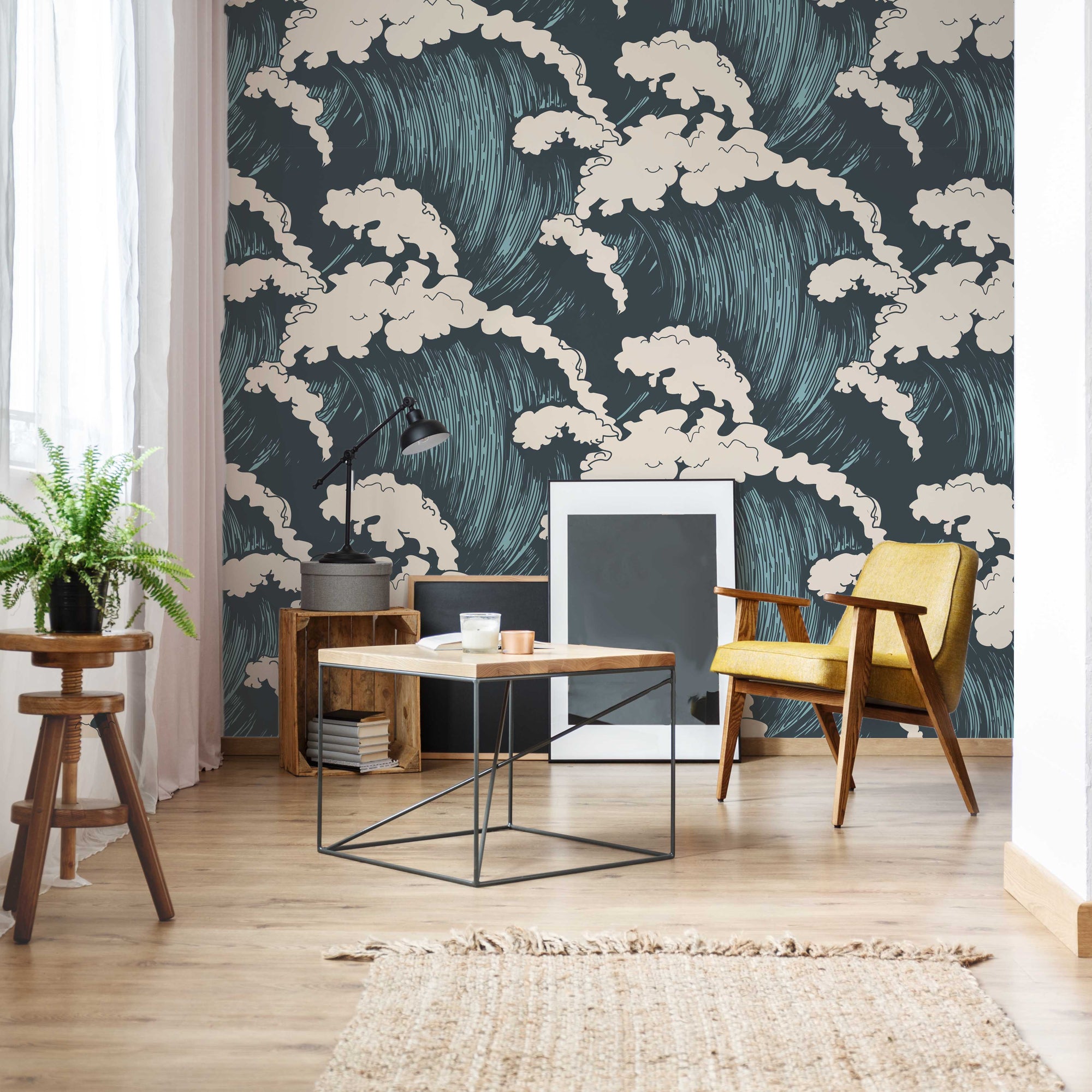 Wall Mural - Blue and Turquoise Nautical Wave illustration - Removable Wallpaper (Peel & Stick) - Made to Measure
