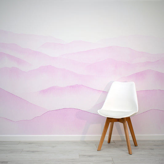 Fjelle Rose - Pink Watercolour Mountains Painting Wallpaper Mural