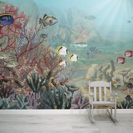 Flounder - Fish and Coral Underwater Watercolour Scene Wallpaper Mural with Baby Chair