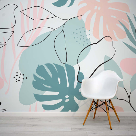 Pink, teal and turquoise tropical leaf wallpaper mural by WallpaperMural.com