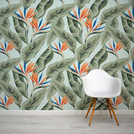Orange, Blue and green tropical leaf and flower wallpaper mural by WallpaperMural.com