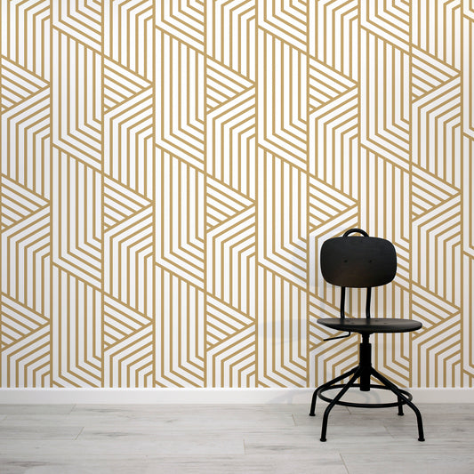 Gold Art Deco Vintage Wallpaper Mural with Black Office Chair
