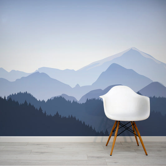 Grapeted Blue Mountain View Illustration Wallpaper Mural with White Chair