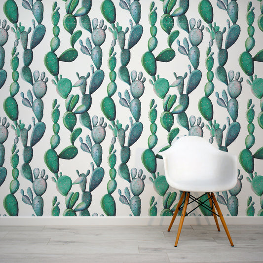 Green Watercolour Cactus Plant Wallpaper by WallpaperMural.com