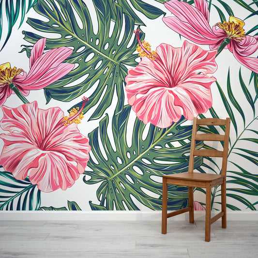 Hibiscus Green and Pink Flowers Wall Mural