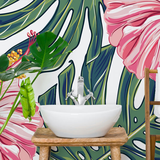 Hibiscus wallpaper mural in a bathroom setting | WallpaperMural.com