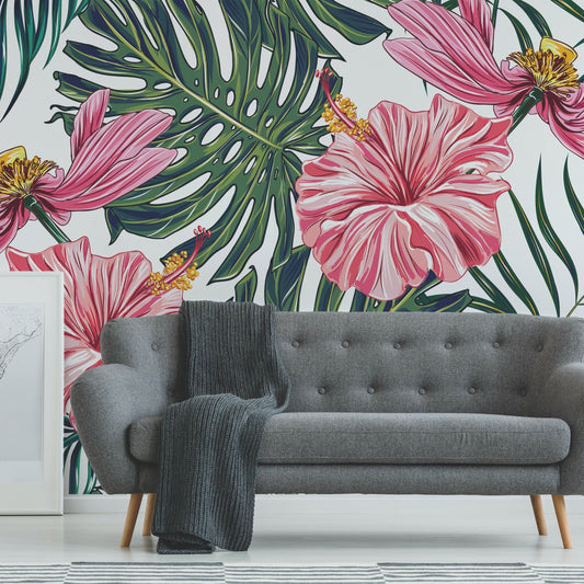 Hibiscus wallpaper mural in a lounge setting | WallpaperMural.com