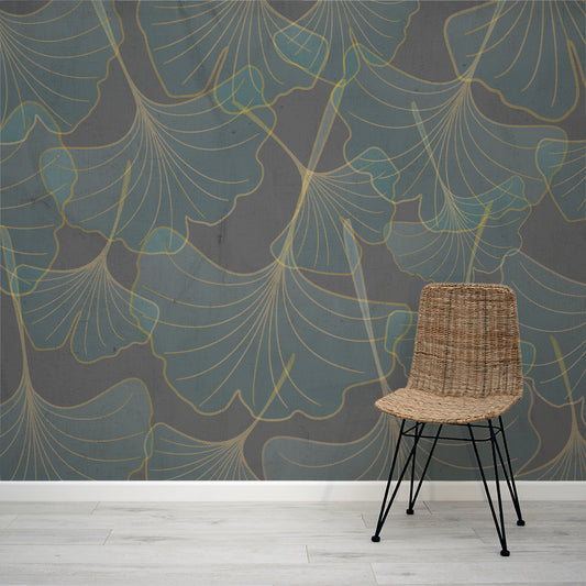 Icho Grey and Gold Gingko Leaves Wallpaper Mural with Rattan Chair