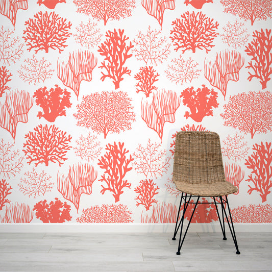 Jeren - Orange Coral and Seaweed Pattern Wallpaper Mural with Rattan Chair