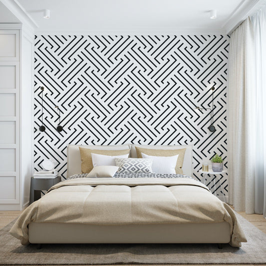 Jigu Black and White Geometric Pattern Wallpaper Mural in Modern Bedroom