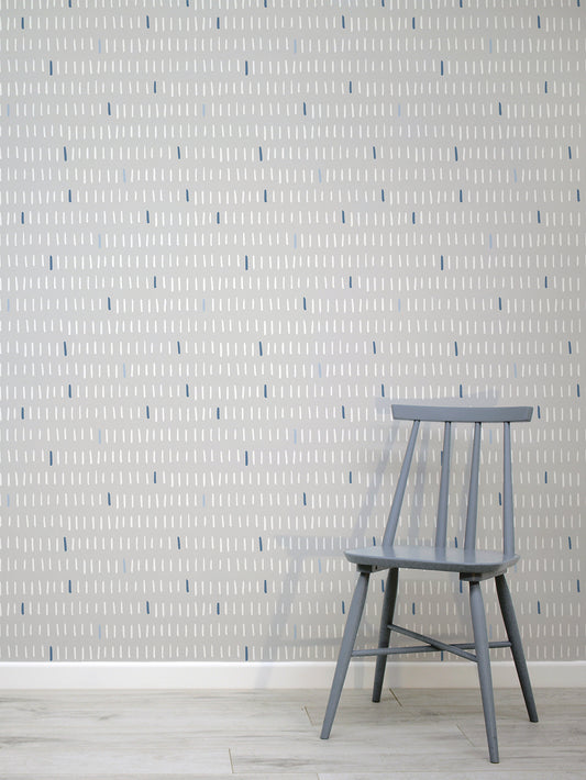 Lameller Azura Blue & Grey Vertical Lines Scandi Wallpaper Interior Design with a Stylish Blue Occasional Chair