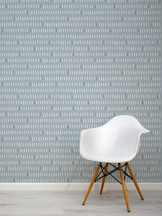 Lameller Steel Blue & White Vertical Lines Scandi Wallpaper Interior Design with a White Eames Chair