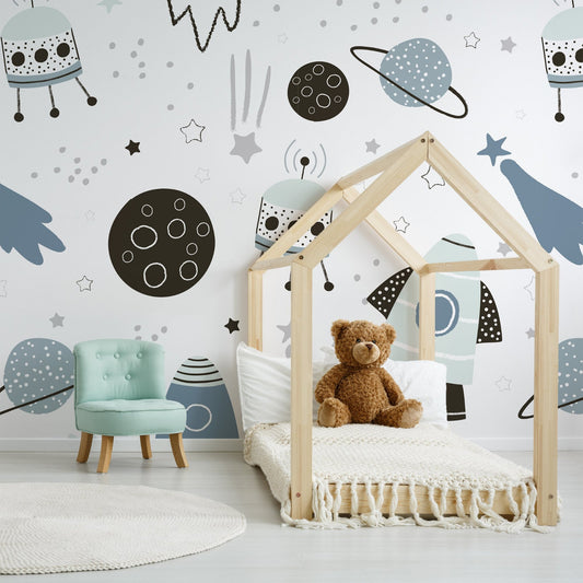 Leo wallpaper mural with a teddy bear in a wooden framed house and a Green chair | WallpaperMural.com