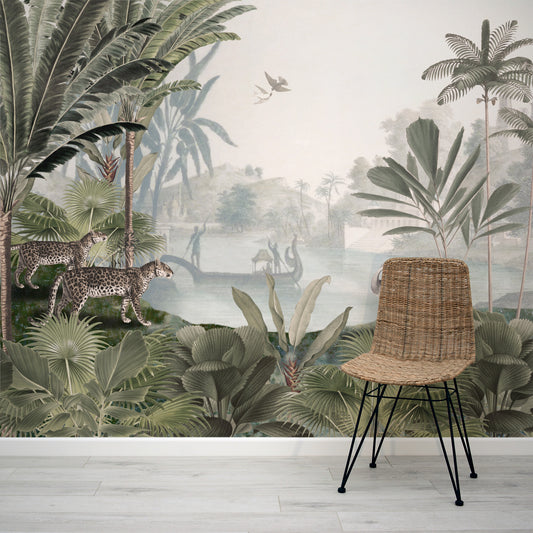 Watercolour landscape featuring leopards and palm trees wallpaper