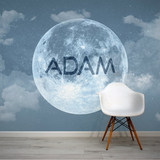 Lupin Bleu Personalised Kid's Blue Moon in Space Wallpaper Mural with White Chair