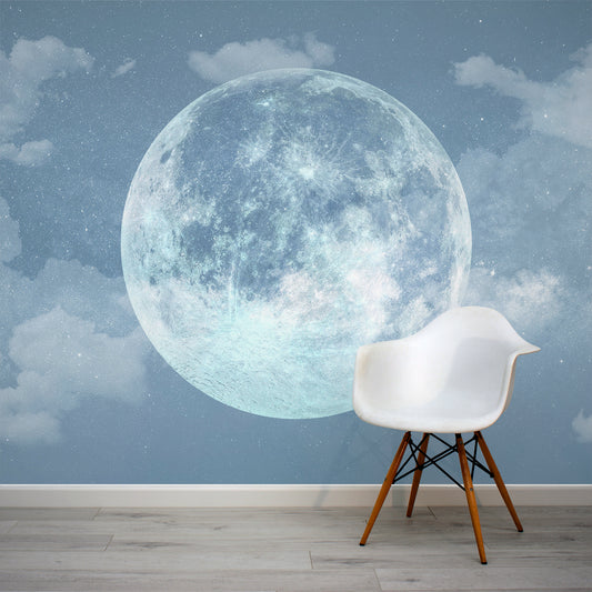 Lupin Bleu Kid's Blue Moon in Space Wallpaper Mural with White Chair