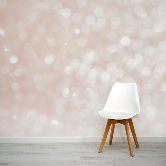 Lustre Sparkly Abstract Wallpaper in a neutral room with a white chair.
