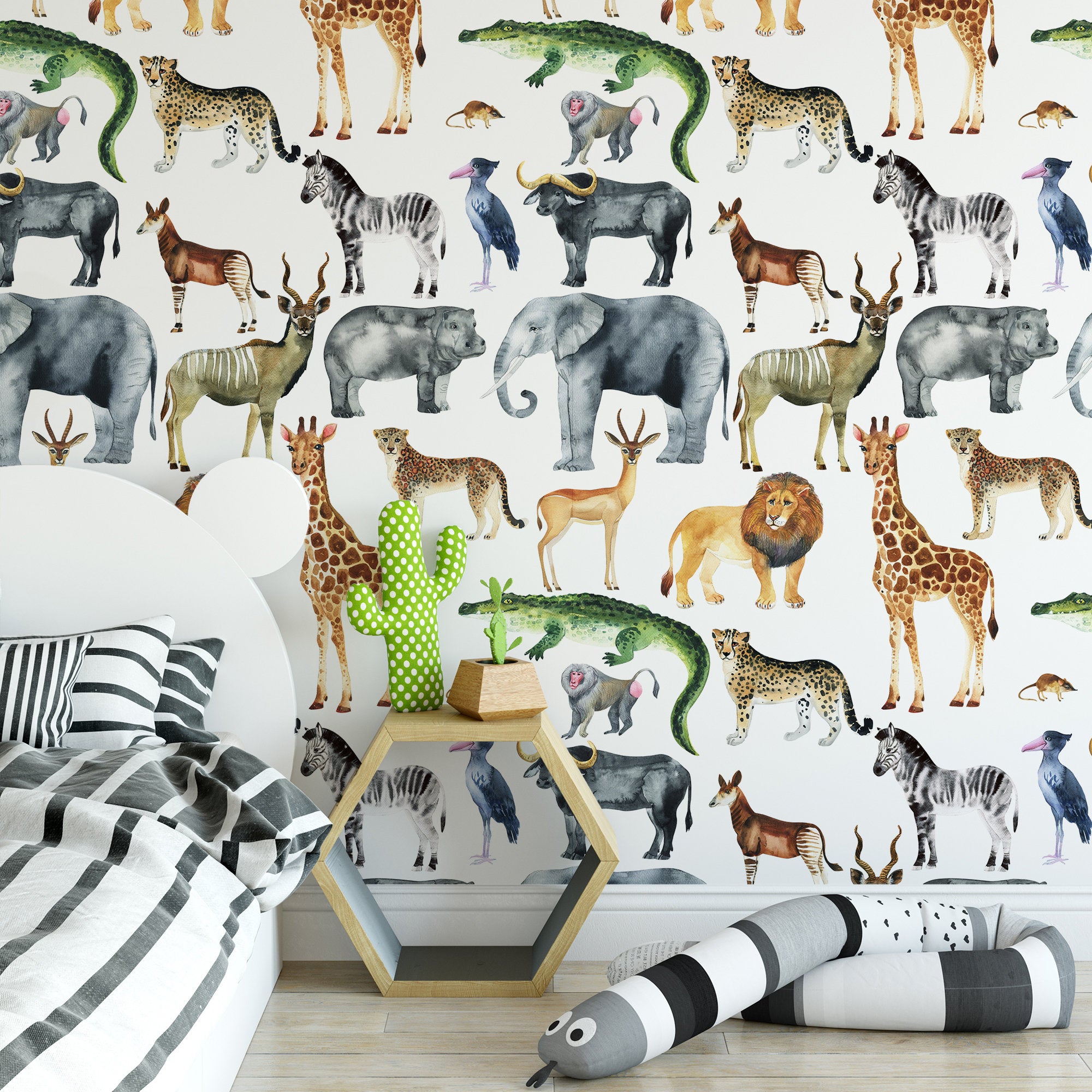 Wall Mural - Colourful Watercolour Elephant and Giraffe Illustration - Removable Wallpaper (Peel & Stick) - Made to Measure