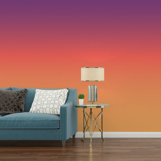 Misty Sunset Gradient Blue Sofa with Black and White Cushions and Large Lamp