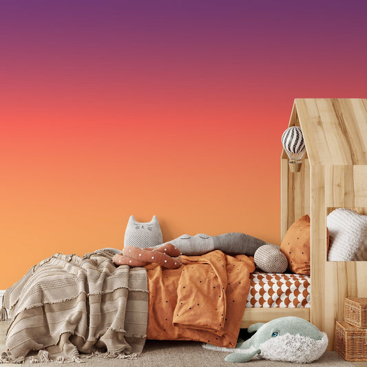 Misty Sunset Gradient Kid's Bedroom with Autumn Colored Bed and Animal Plush