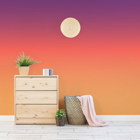Misty Sunset Gradient Wooden Cabinet and Green Plants
