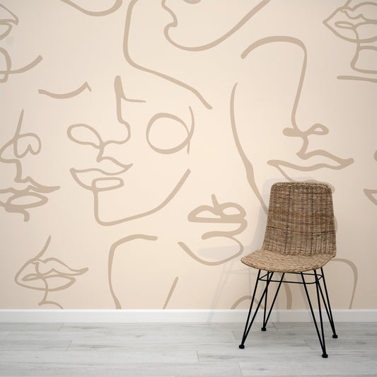 Monet Bare – Beiges abstraktes Gesicht Strichzeichnungen Tapeten-Wandbild