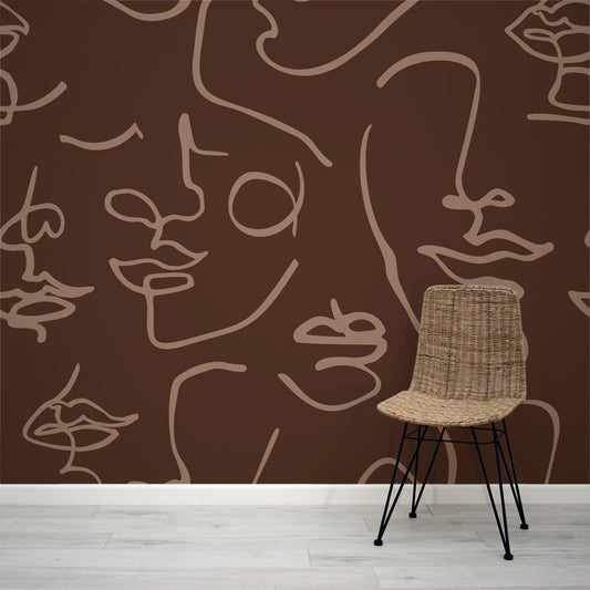 Monet Natural - Brown Abstract Face Line Art Wallpaper Mural
