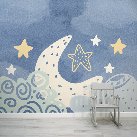 Moonlight Mural - Moon and Stars Illustration on Watercolour Wallpaper Mural with Baby Chair