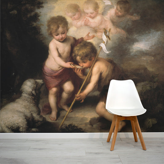 Murillo - Baroque Children Oil Painting Wallpaper Mural with White Chair