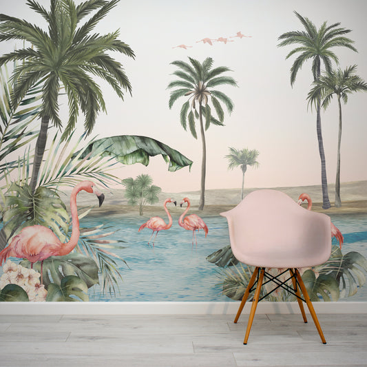 Oasis Flamingo Oasis Watercolour Scene Wallpaper Mural with Pink Chair