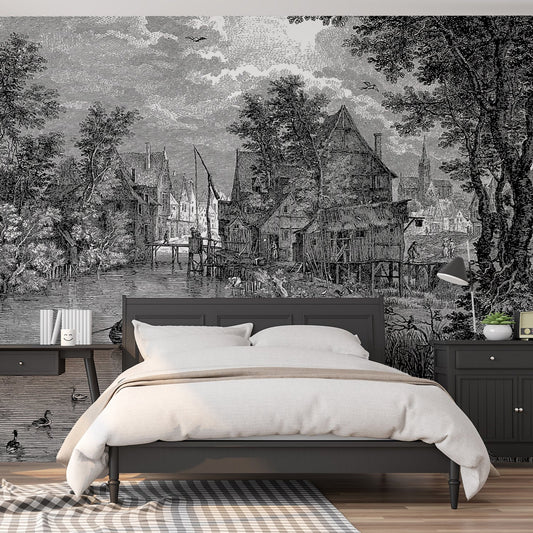 Black and white Misty forest forest mural wallpaper  TenStickers