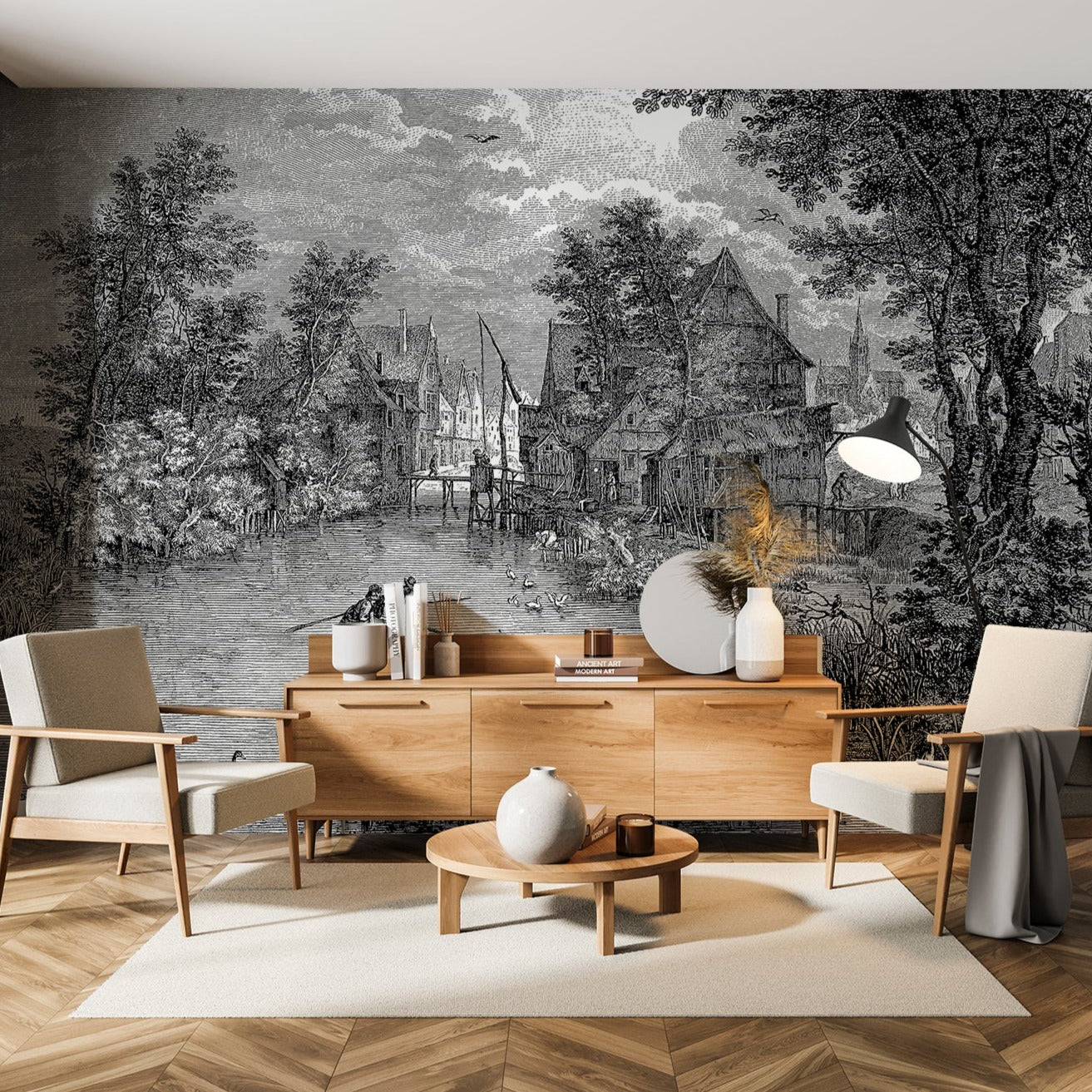 Wall Mural - Vintage Etched River Landscape - Traditional Wallpaper (Paste-the-wall) - Made to Measure