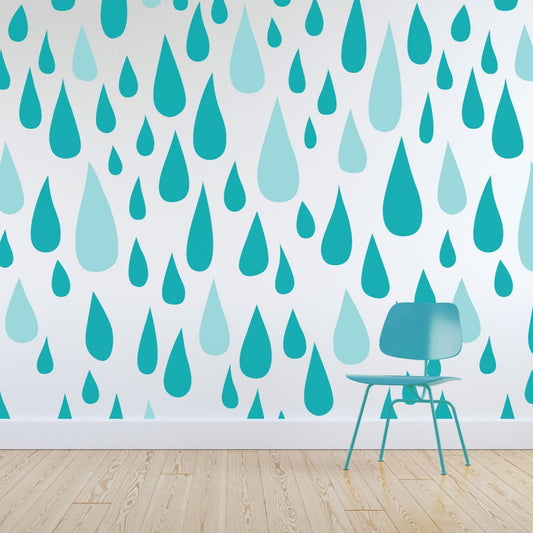 Rain Drops wallpaper mural with. green chair in front | WallpaperMural.com