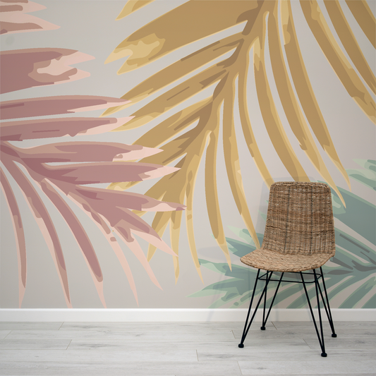 Ravina Colourful Palm Leaves Wallpaper Mural with Rattan Chair