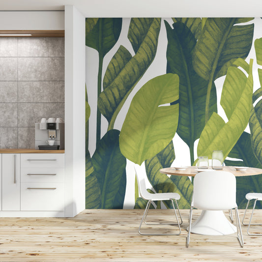 Renkak Green leaves on a White background  wallpaper mural in a kitchen | WallpaperMural.com