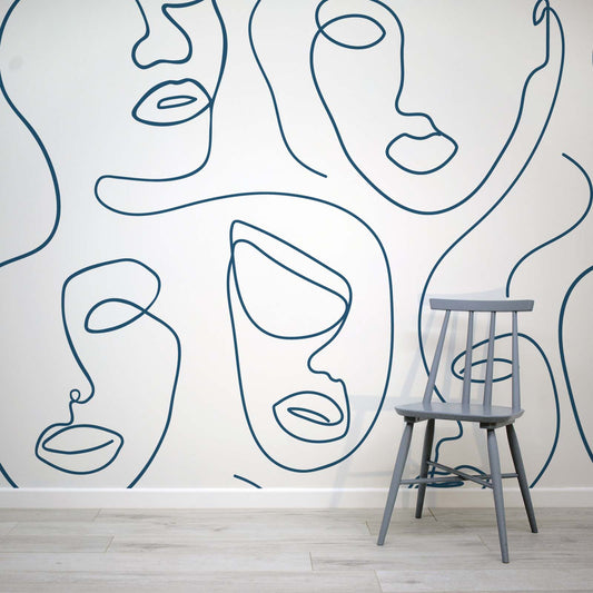 Robyn Bla - Blue & White Abstract Face Line Art Wallpaper Mural
