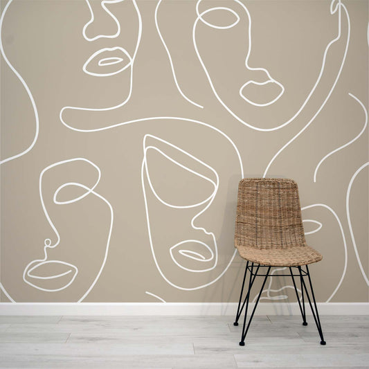 Robyn Sten - White & Grey Abstract Face Line Art Wallpaper Mural
