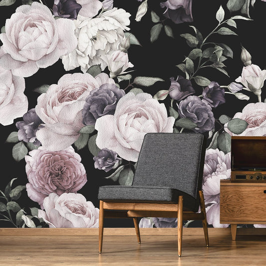 Rose wallpaper mural with a Grey wooden chair and wooden sideboard in front | WallpaperMural.com