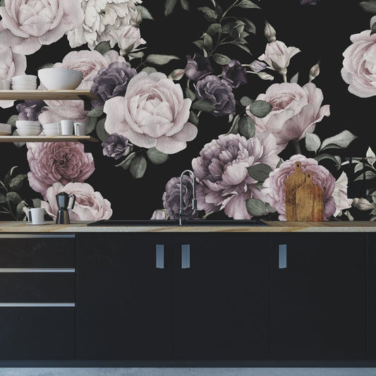 Rose wallpaper mural set above a kitchen counter | WallpaperMural.com