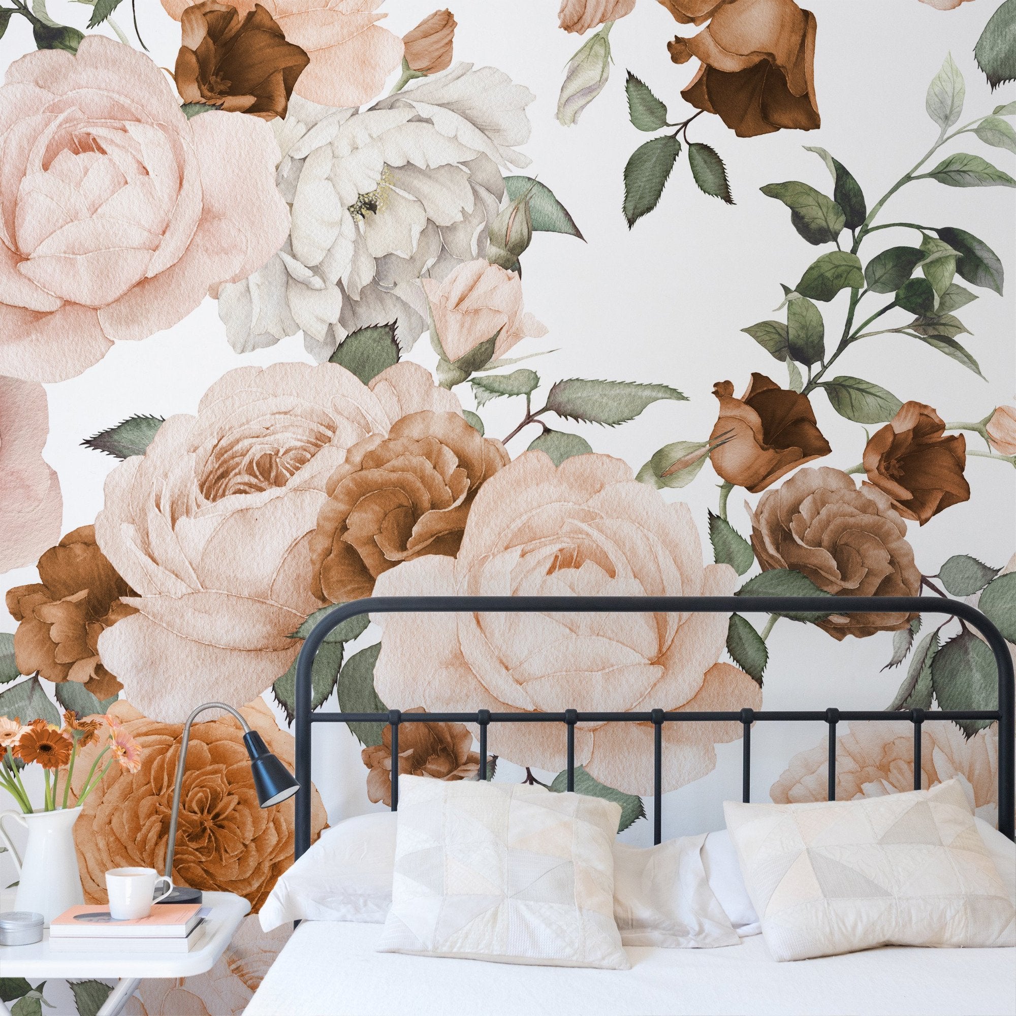 Wall Mural - Copper Orange Floral Watercolour - Removable Wallpaper (Peel & Stick) - Made to Measure