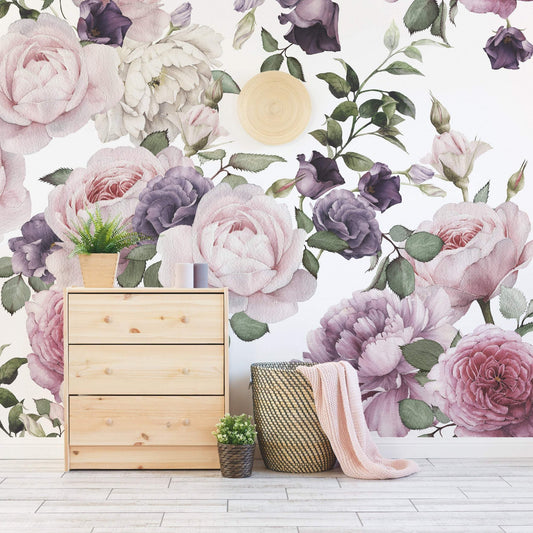 Rosie wallpaper mural with a chest of draws and a laundry basket in front | WallpaperMural.com