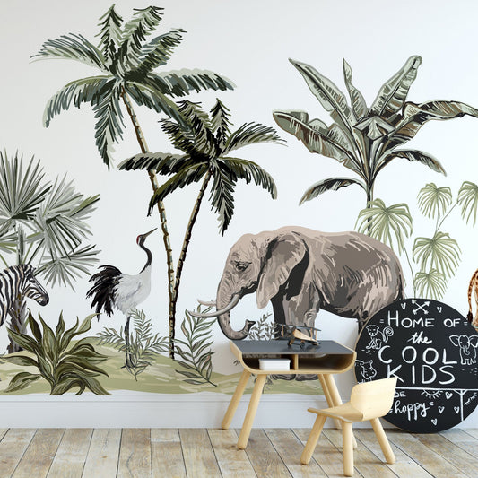 Safari wallpaper mural with a wooden table and chairs in front | WallpaperMural.com