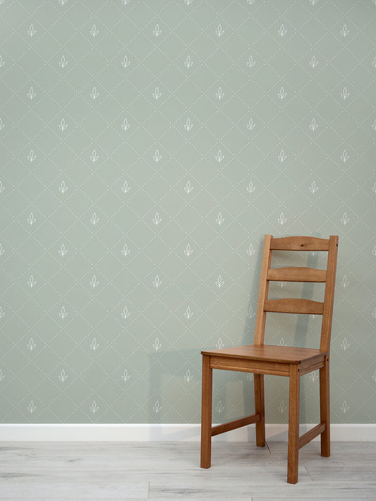 Sage Leaf Quilted Scandi Pattern Wallpaper Interior Design with a Wooden Dining Chair