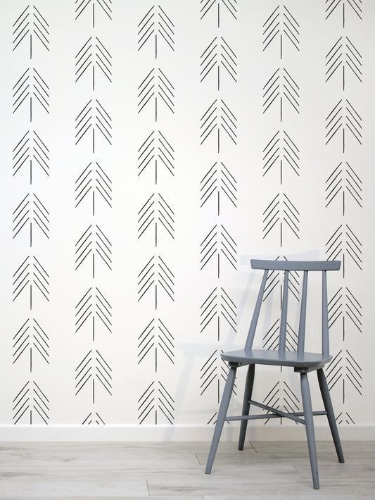 Kongle Black & White Scandi Tree Pattern Wallpaper with a Stylish Blue Chair