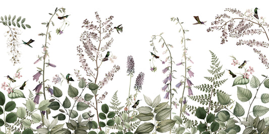 Secret Garden - Hummingbirds and Flowers Watercolour Illustration Wallpaper Mural Full Artwork