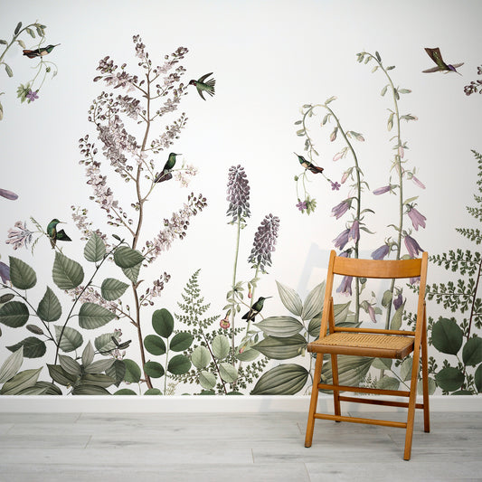 Secret Garden - Hummingbirds and Flowers Watercolour Illustration Wallpaper Mural with Folding Chair
